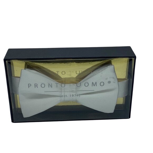 Pronto Uomo White 100% Silk Bow Tie In Box NEW Prom Wedding Formal - Picture 1 of 3